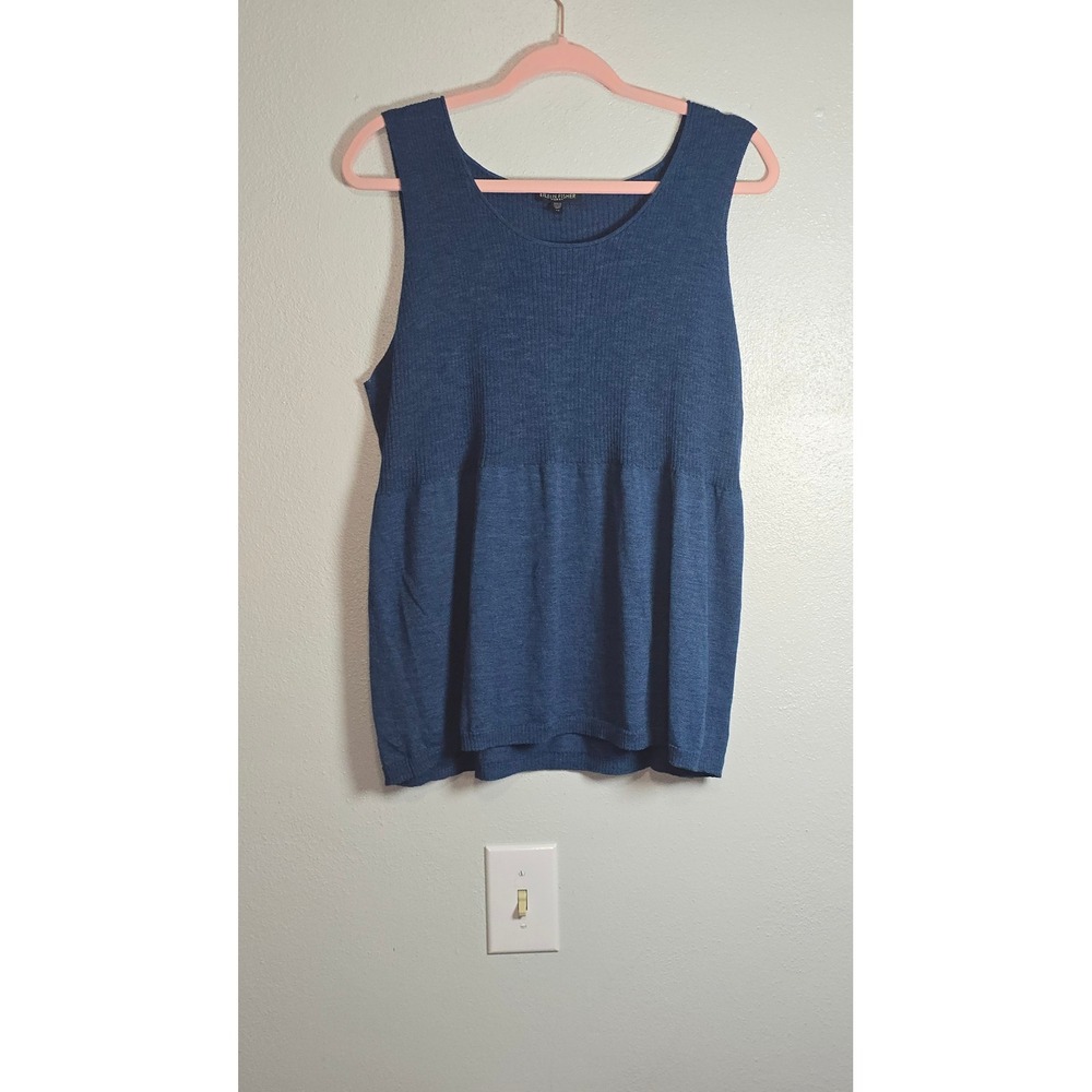 Eileen Fisher Woman Blue 100% Wool Knit Shell Top Sleeveless Empire Waist 2X